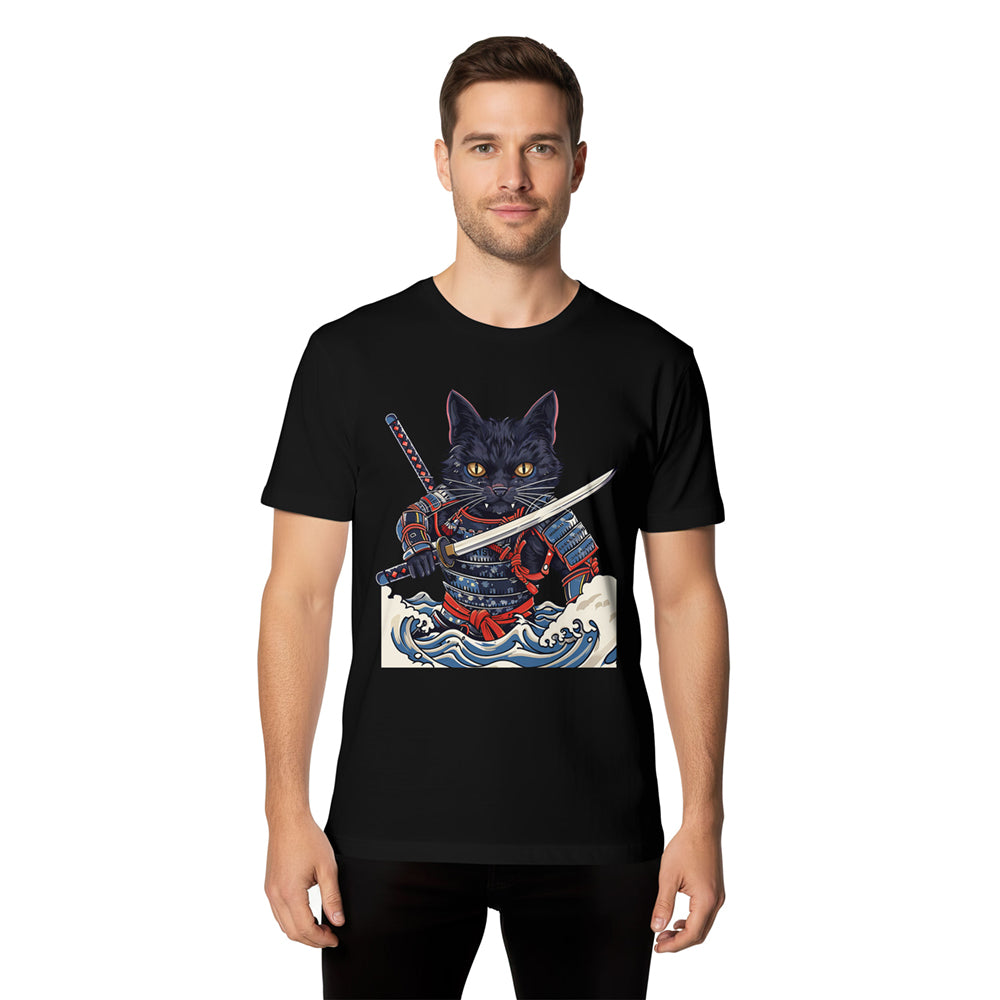 Inspira Paws Samurai Cat Wave Graphic T-Shirt