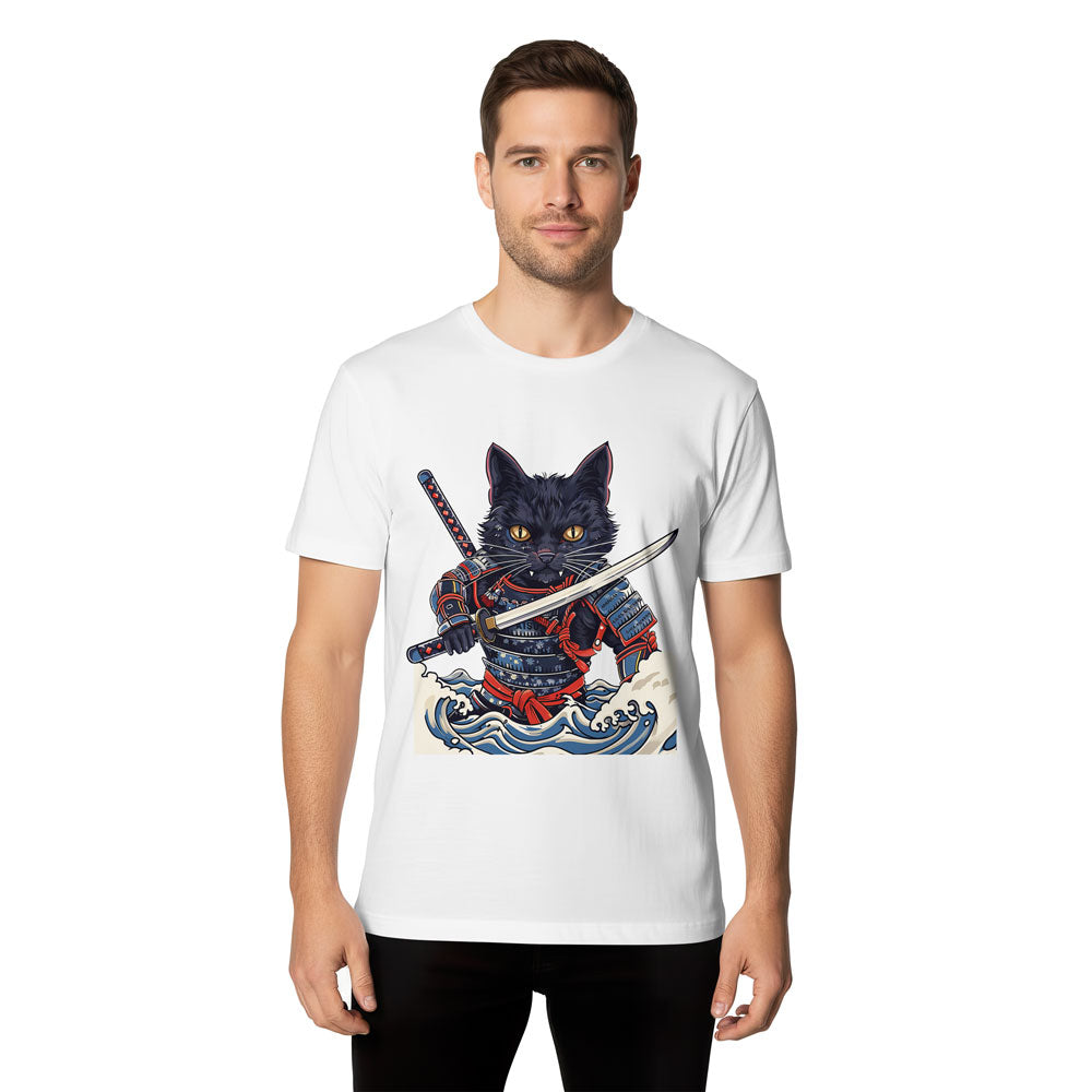 Inspira Paws Samurai Cat Wave Graphic T-Shirt