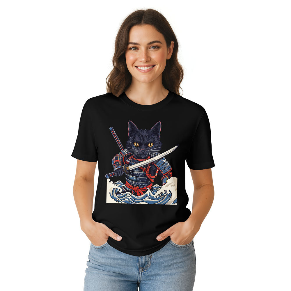 Inspira Paws Samurai Cat Wave Graphic T-Shirt