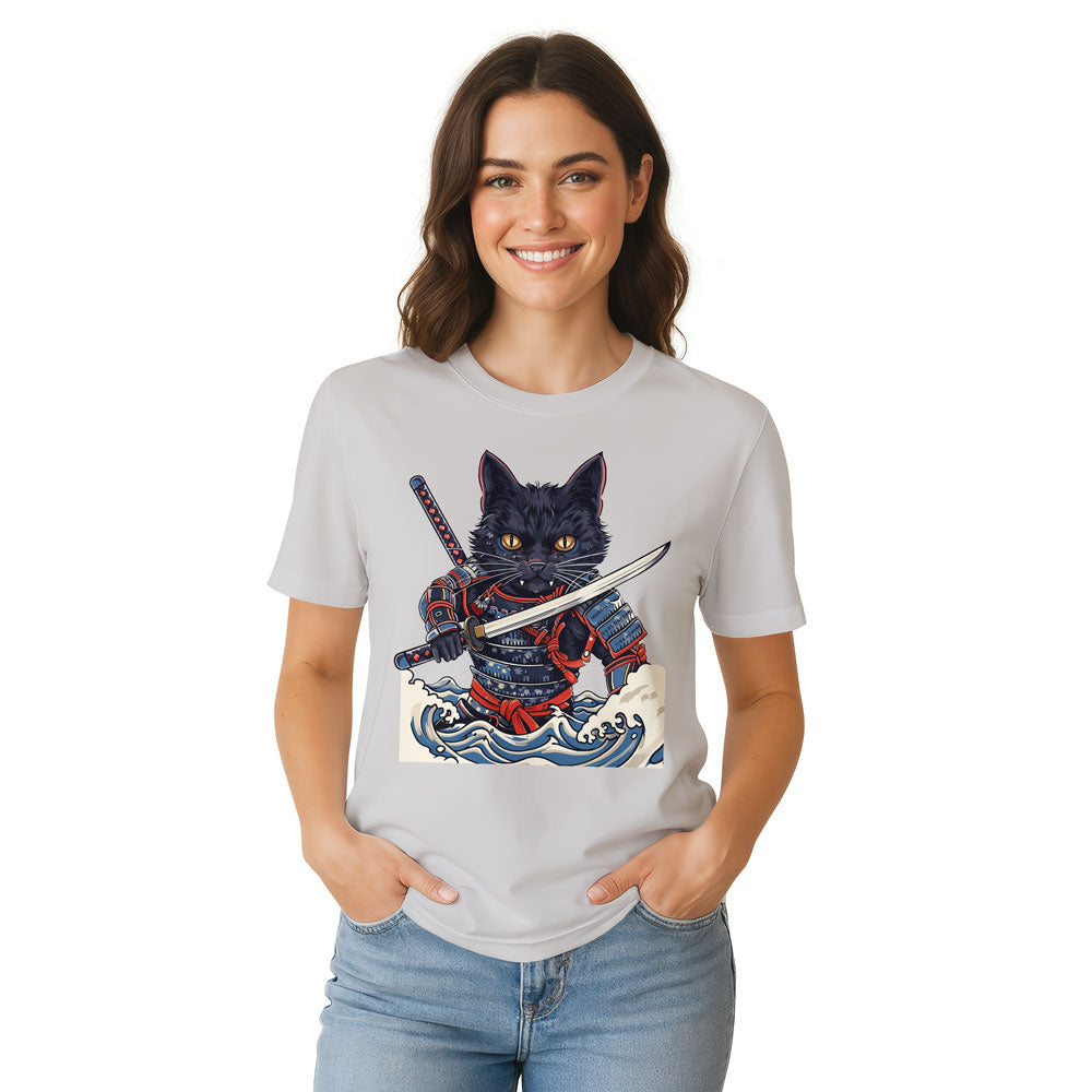 Inspira Paws Samurai Cat Wave Graphic T-Shirt