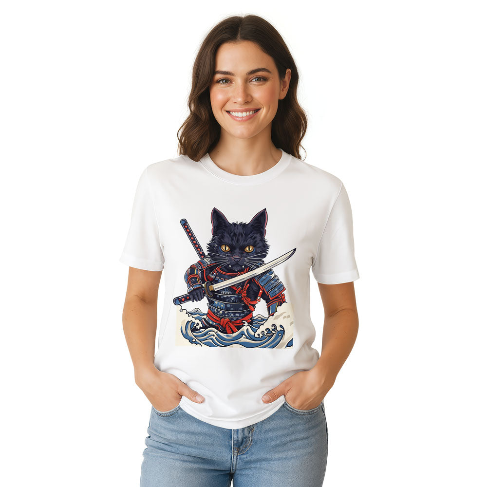 Inspira Paws Samurai Cat Wave Graphic T-Shirt