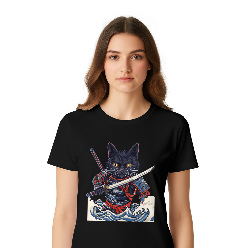 Inspira Paws Samurai Cat Wave Graphic T-Shirt