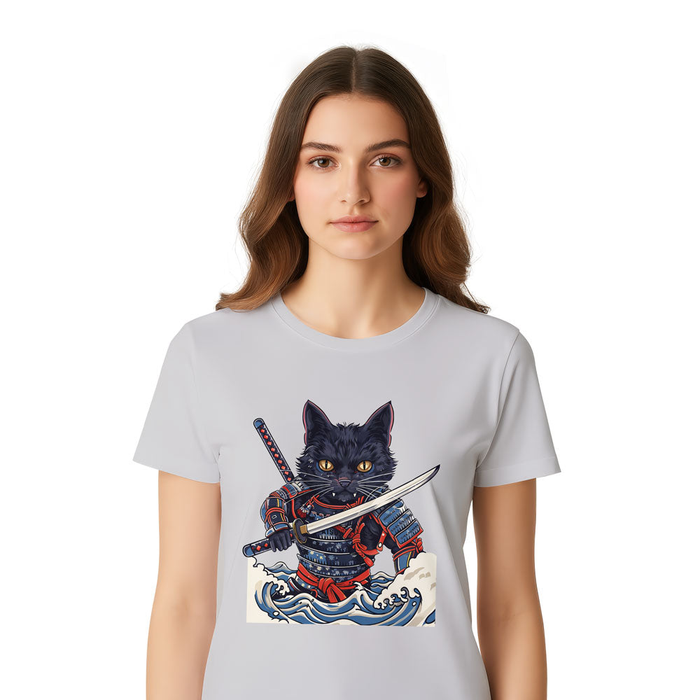 Inspira Paws Samurai Cat Wave Graphic T-Shirt