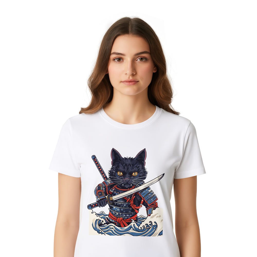 Inspira Paws Samurai Cat Wave Graphic T-Shirt