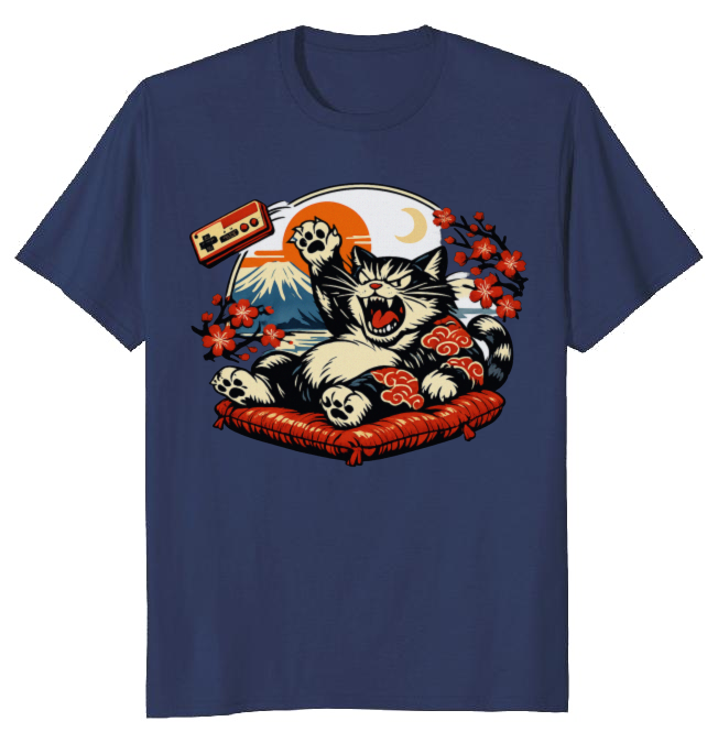 Retro Ukiyo-e Gamer Cat Tee Playful Gifts for Men Women Boy Kids T-Shirt