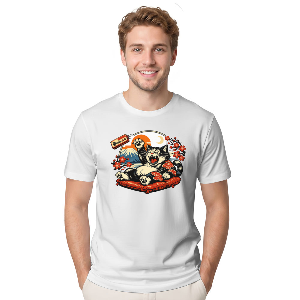 Retro Ukiyo-e Gamer Cat Tee Playful Gifts for Men Women Boy Kids T-Shirt