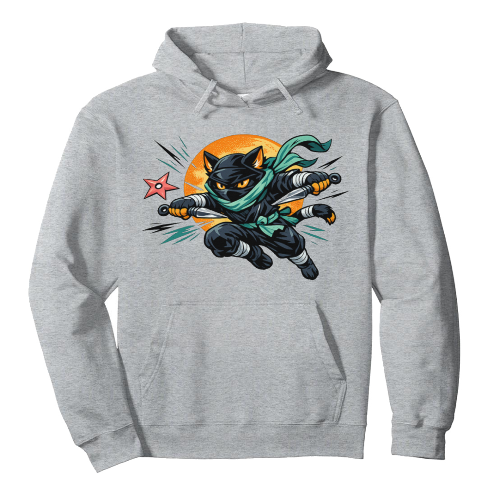 Shinobi Strike Ninja Cat Retro Anime Pull Over Hoodie - Seafoam & Orange Accents Novelty Gifts for Men Women Boy Kids Pull Over Hoodie