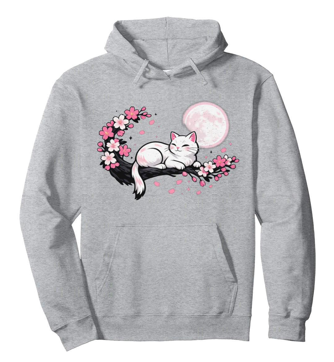 Moonlit Sakura Dreaming Cat Graphic Cozy Gifts for Men Women Boy Kids Pull Over Hoodie