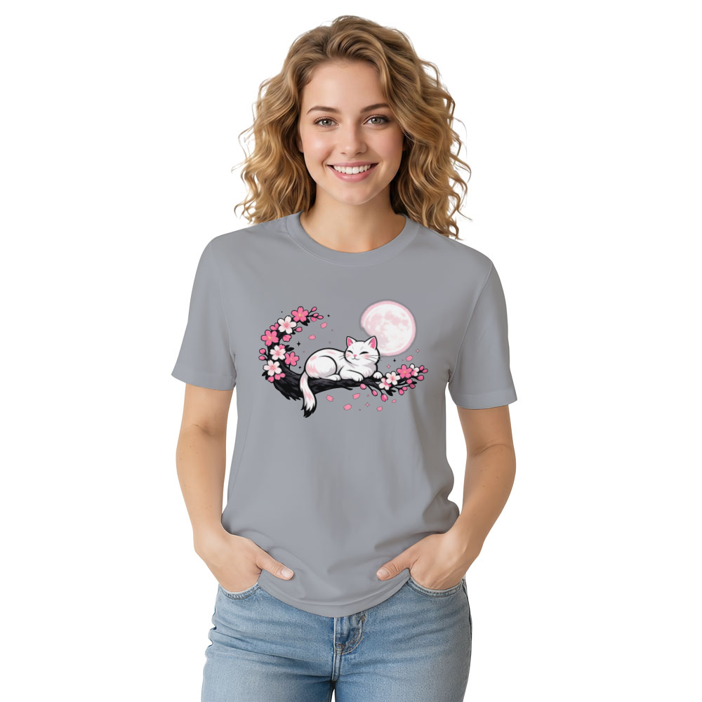 Moonlit Sakura Dreaming Cat T-Shirt Serene Gifts for Men Women Boy Kids T-Shirt