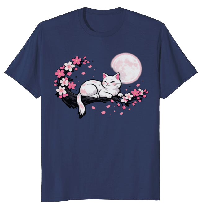 Moonlit Sakura Dreaming Cat T-Shirt Serene Gifts for Men Women Boy Kids T-Shirt