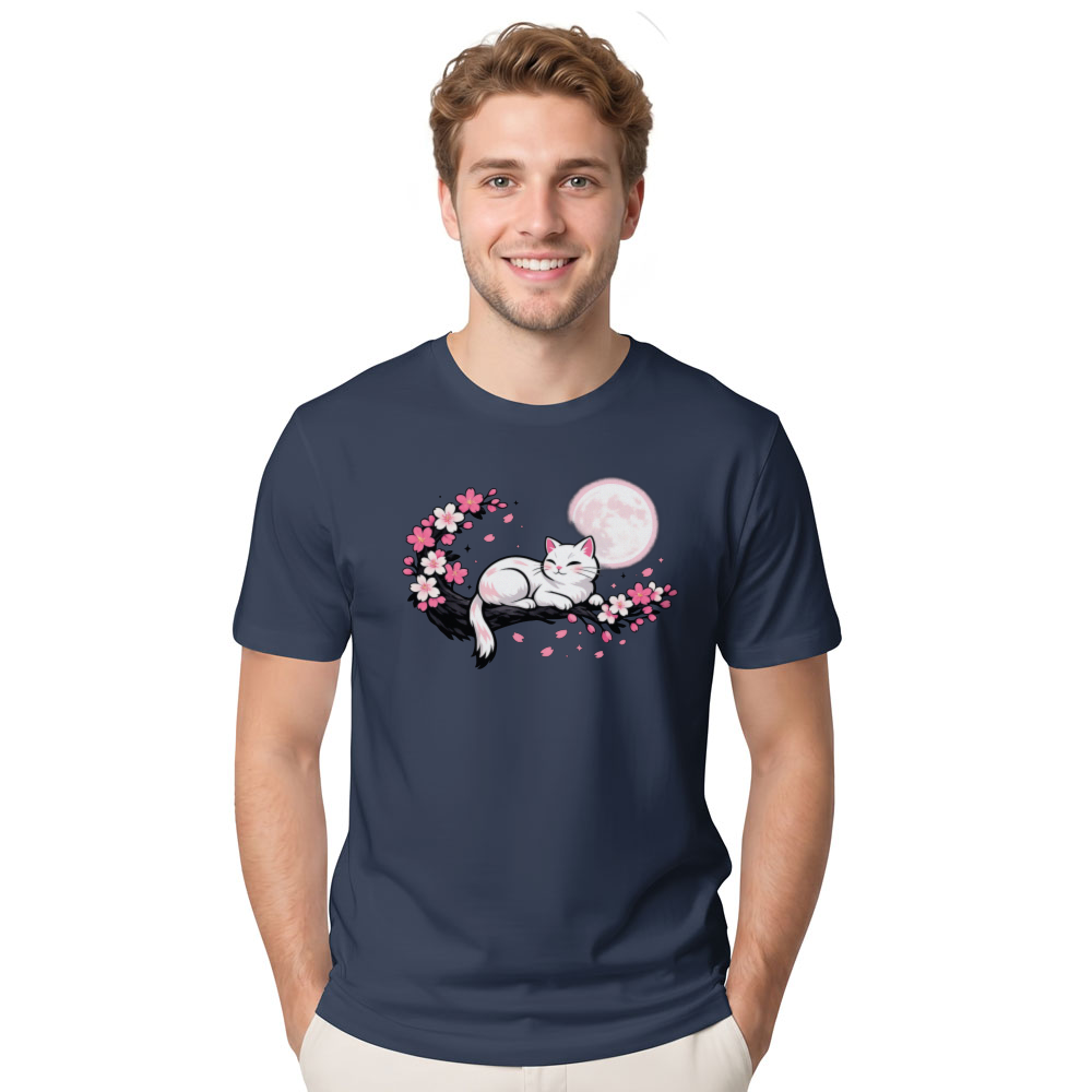 Moonlit Sakura Dreaming Cat T-Shirt Serene Gifts for Men Women Boy Kids T-Shirt