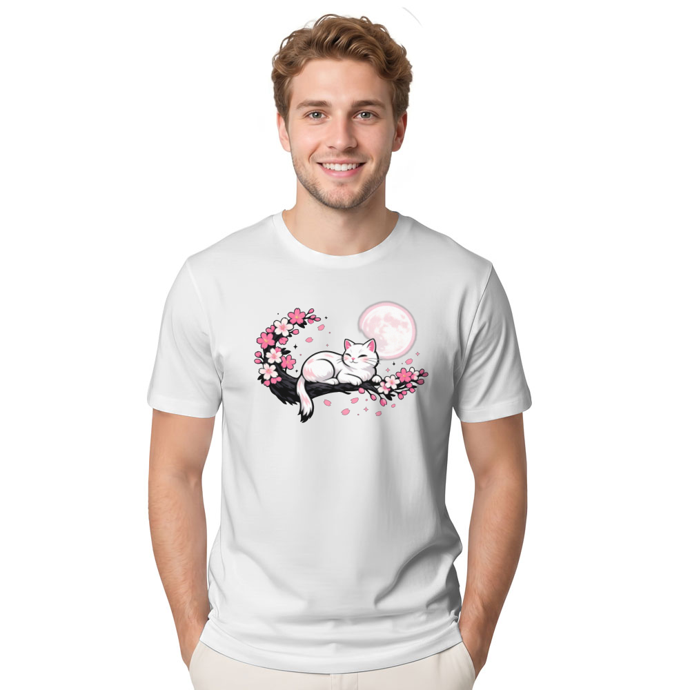 Moonlit Sakura Dreaming Cat T-Shirt Serene Gifts for Men Women Boy Kids T-Shirt