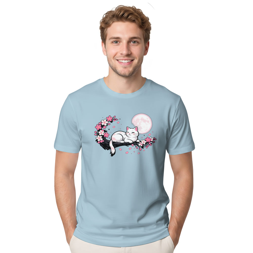 Moonlit Sakura Dreaming Cat T-Shirt Serene Gifts for Men Women Boy Kids T-Shirt