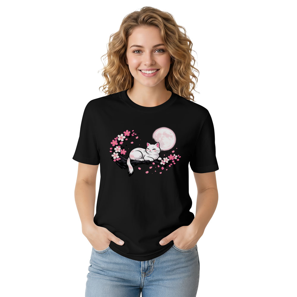 Moonlit Sakura Dreaming Cat T-Shirt Serene Gifts for Men Women Boy Kids T-Shirt