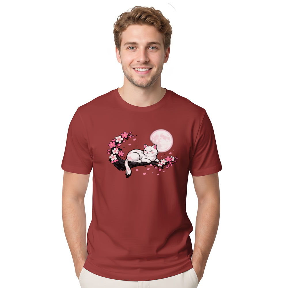 Moonlit Sakura Dreaming Cat T-Shirt Serene Gifts for Men Women Boy Kids T-Shirt