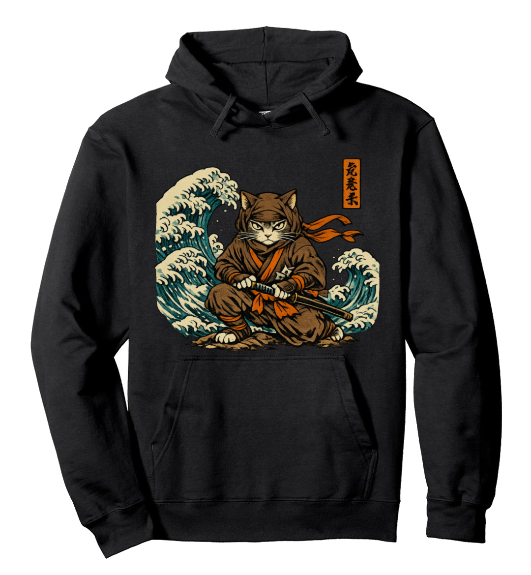 Ukiyo-e Ninja Cat Pullover Hoodie Artful Gifts for Men Women Boy Kids Pull Over Hoodie