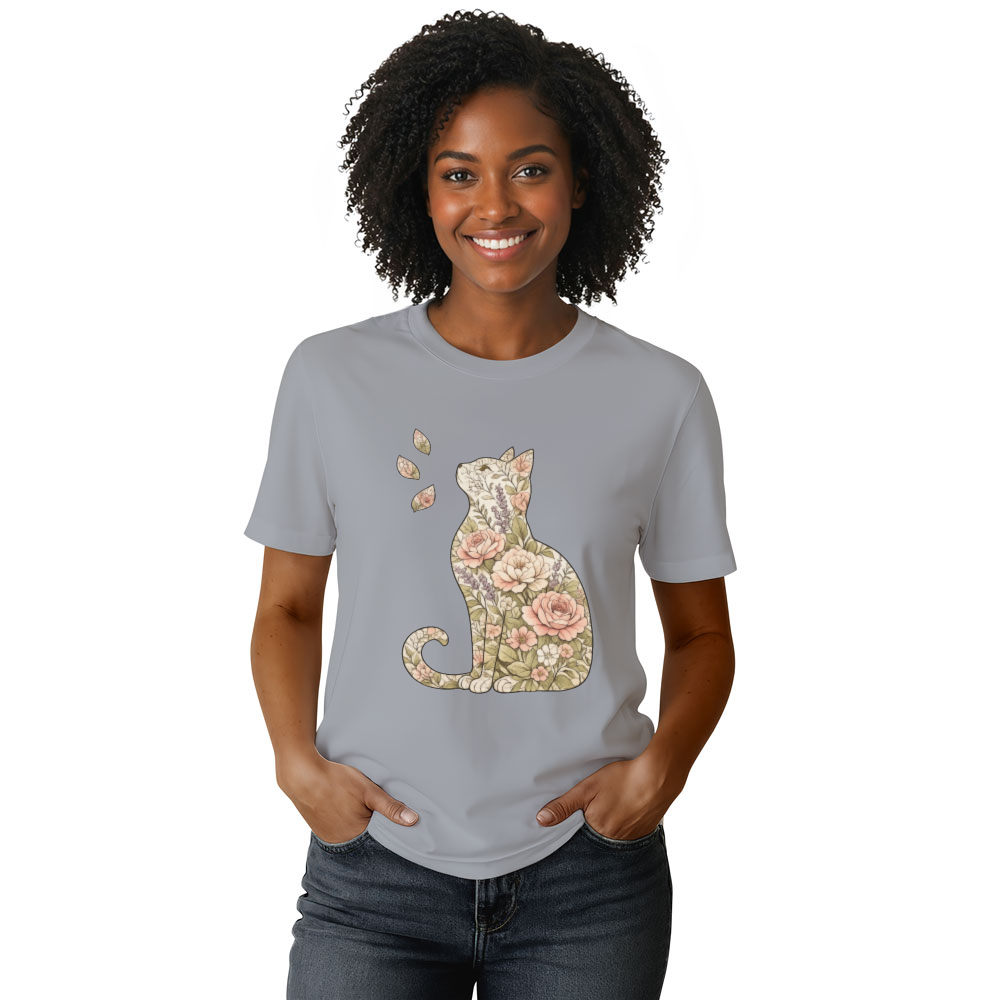 Whispering Petals Vintage Botanical Cat Silhouette Graphic Tee Lovely Gifts for Men Women Girl Kids T-Shirt