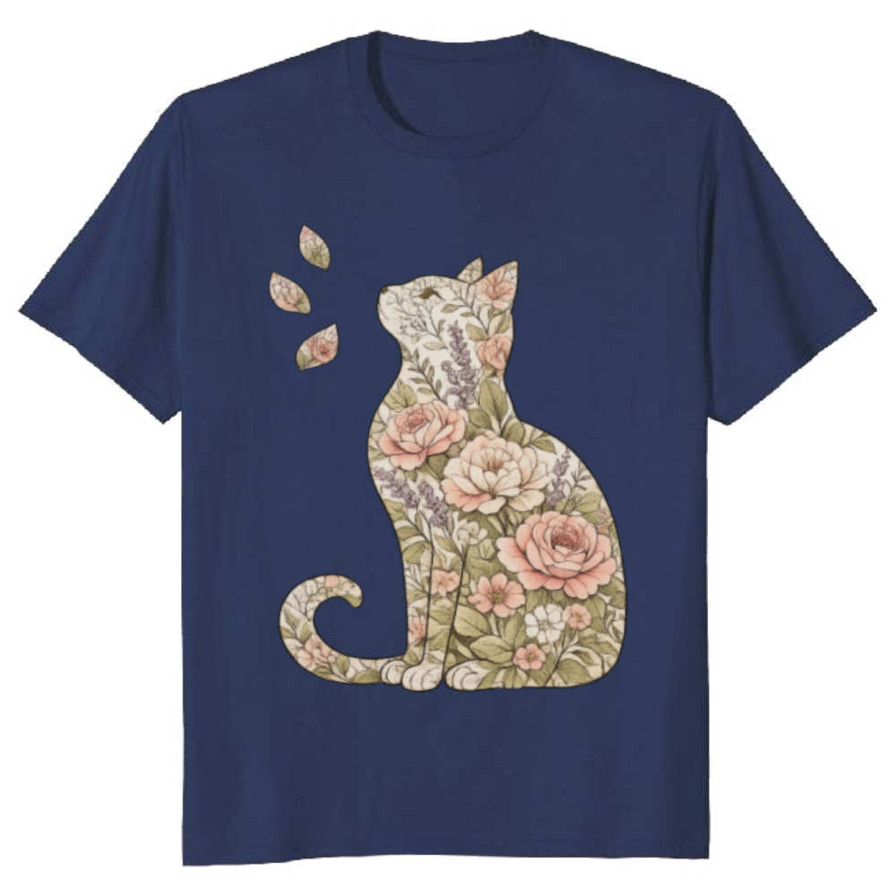 Whispering Petals Vintage Botanical Cat Silhouette Graphic Tee Lovely Gifts for Men Women Girl Kids T-Shirt