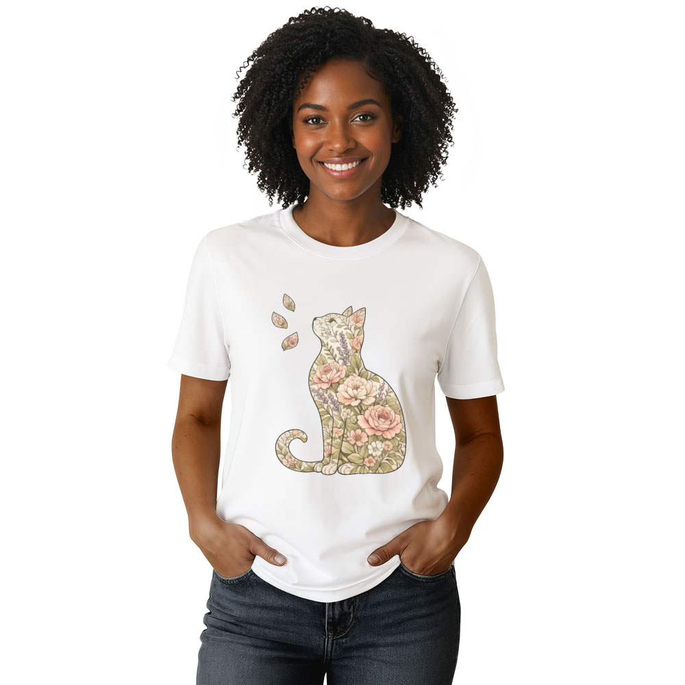 Whispering Petals Vintage Botanical Cat Silhouette Graphic Tee Lovely Gifts for Men Women Girl Kids T-Shirt