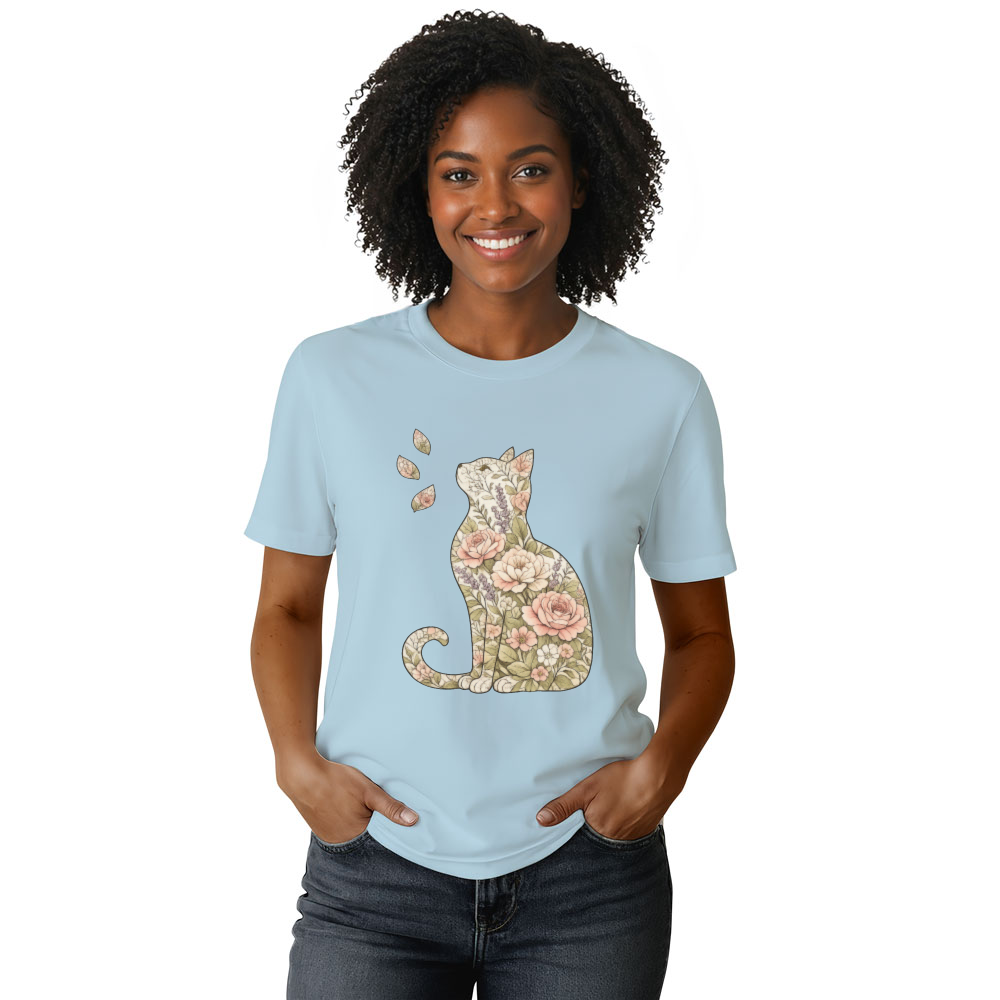 Whispering Petals Vintage Botanical Cat Silhouette Graphic Tee Lovely Gifts for Men Women Girl Kids T-Shirt