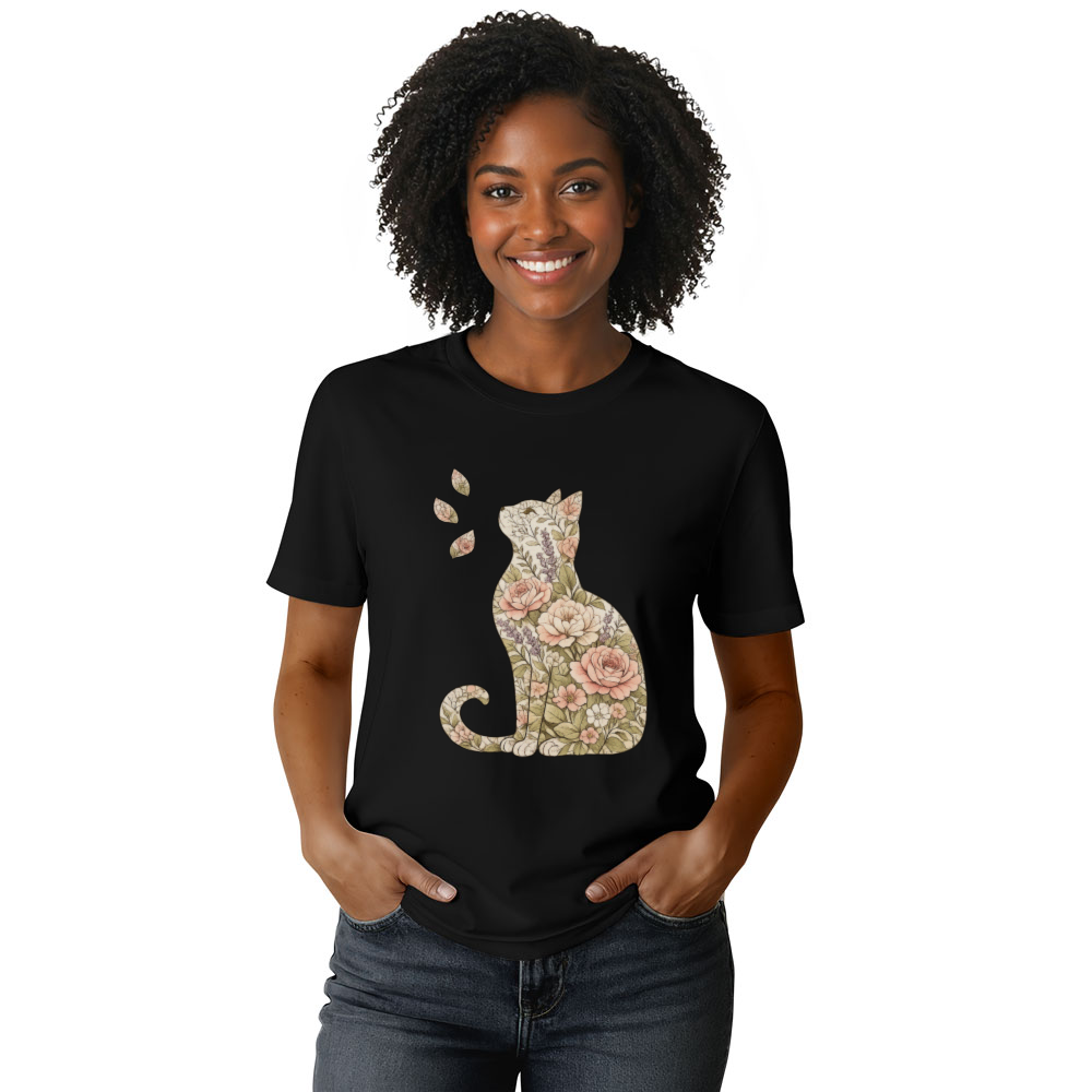 Whispering Petals Vintage Botanical Cat Silhouette Graphic Tee Lovely Gifts for Men Women Girl Kids T-Shirt