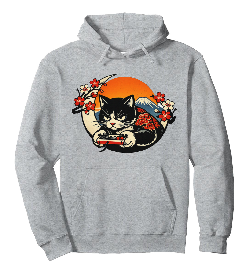 Ukiyo-e Retro Gamer Cat Pull Over Hoodie Playful Gifts for Men Women Boy Kids Pull Over Hoodie