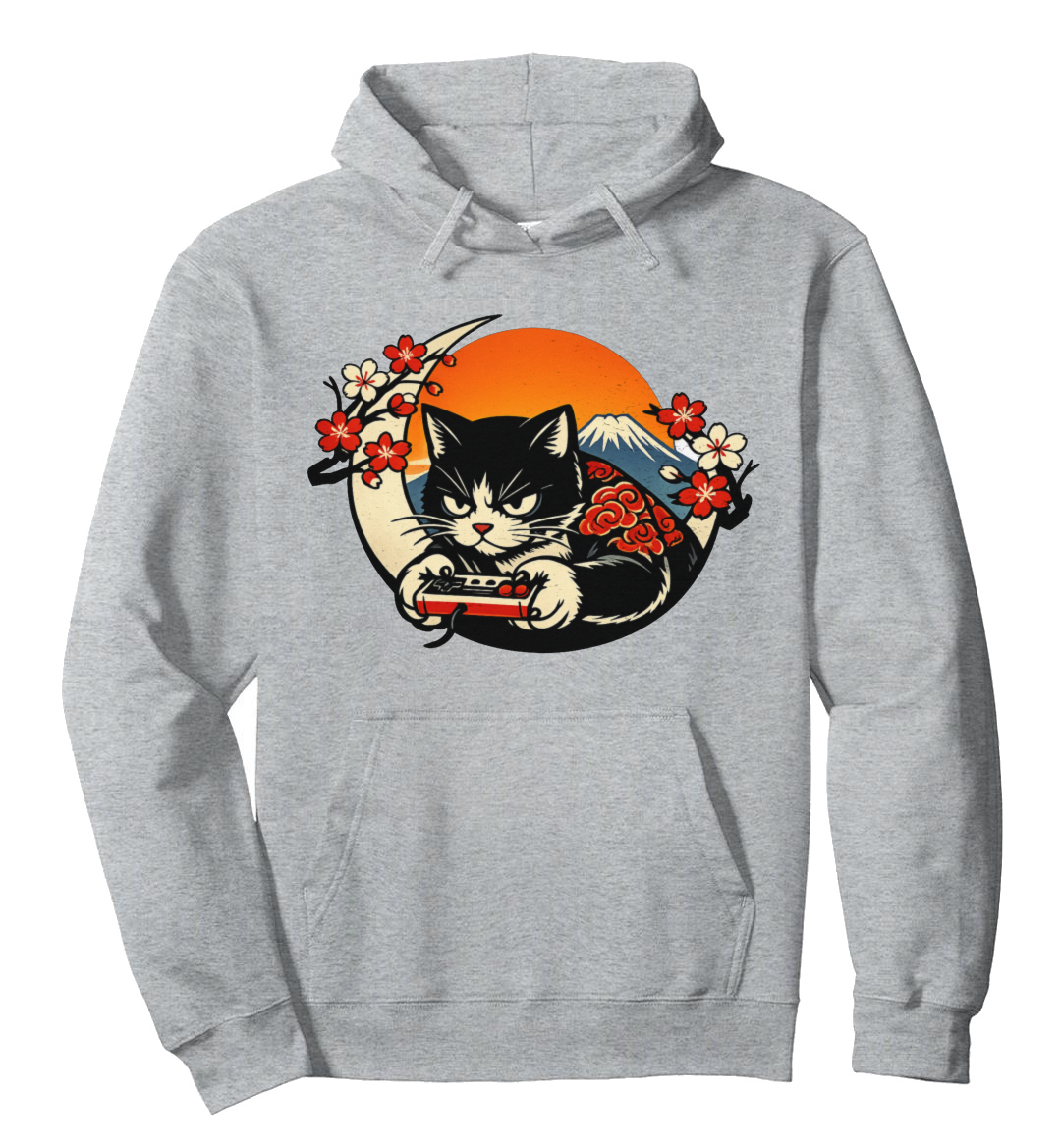Ukiyo-e Retro Gamer Cat Pull Over Hoodie Playful Gifts for Men Women Boy Kids Pull Over Hoodie