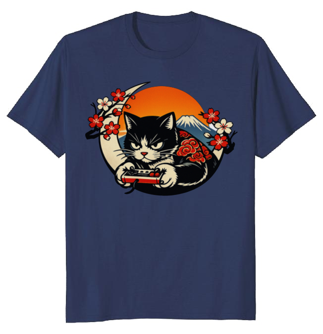 Ukiyo-e Gamer Cat Graphic Tee Playful Gifts For Men Women Boy Kids T-Shirt