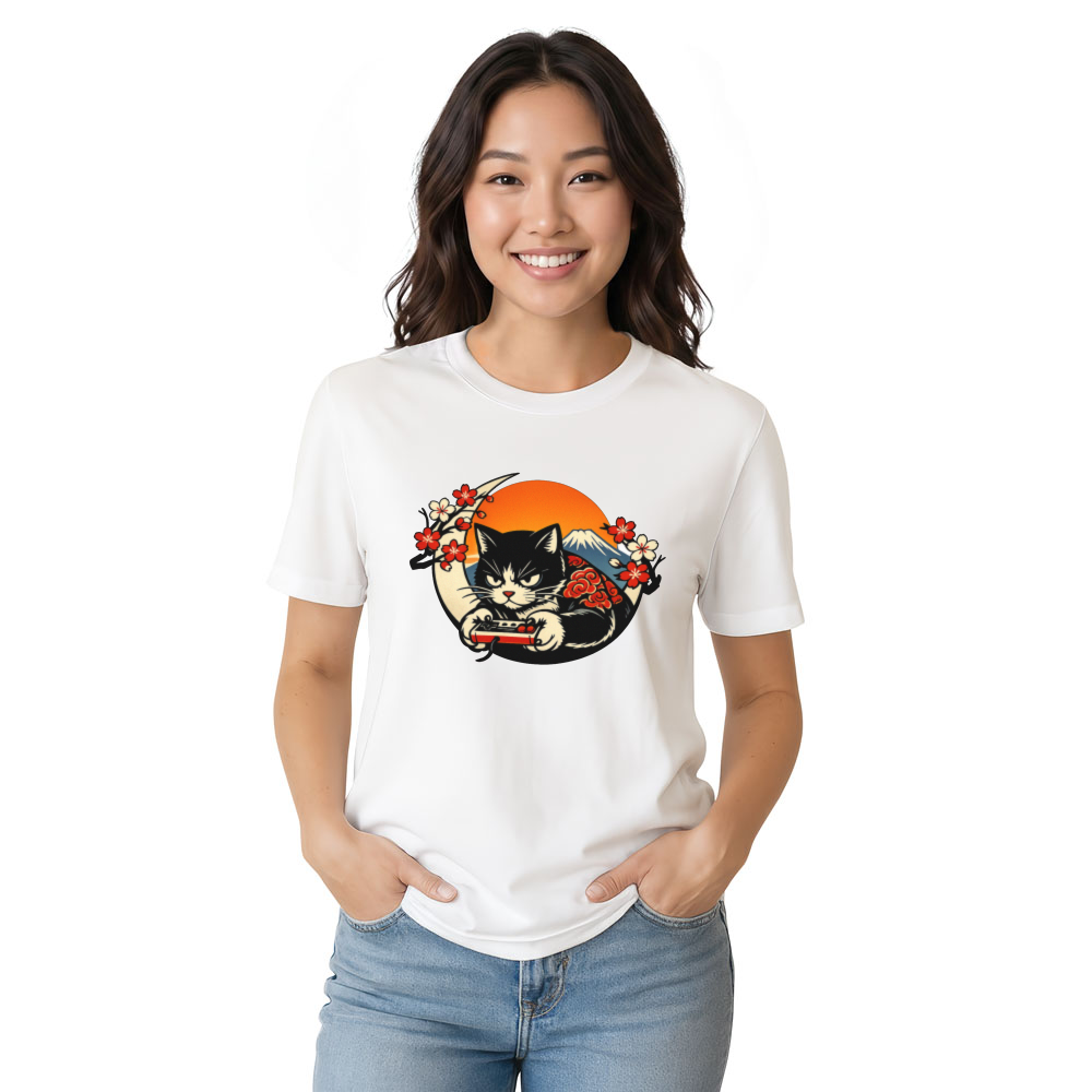 Ukiyo-e Gamer Cat Graphic Tee Playful Gifts For Men Women Boy Kids T-Shirt