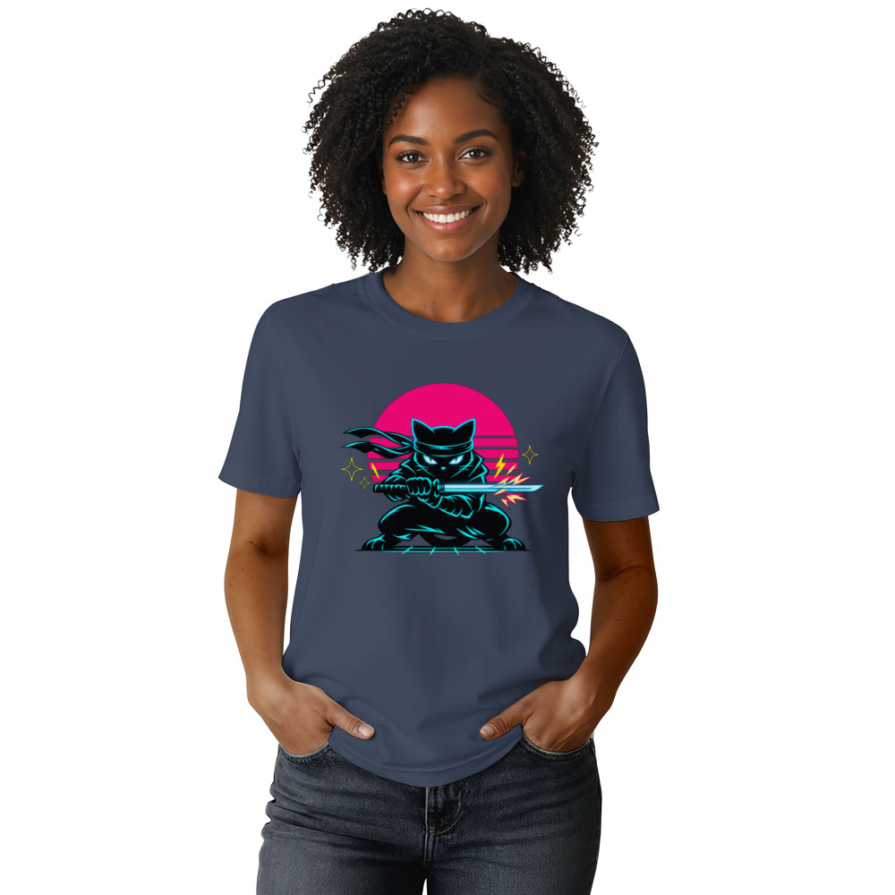 Neon Shinobi Ninja Cat T-Shirt Retro Synthwave Gifts for Men Women Boy Kids T-Shirt
