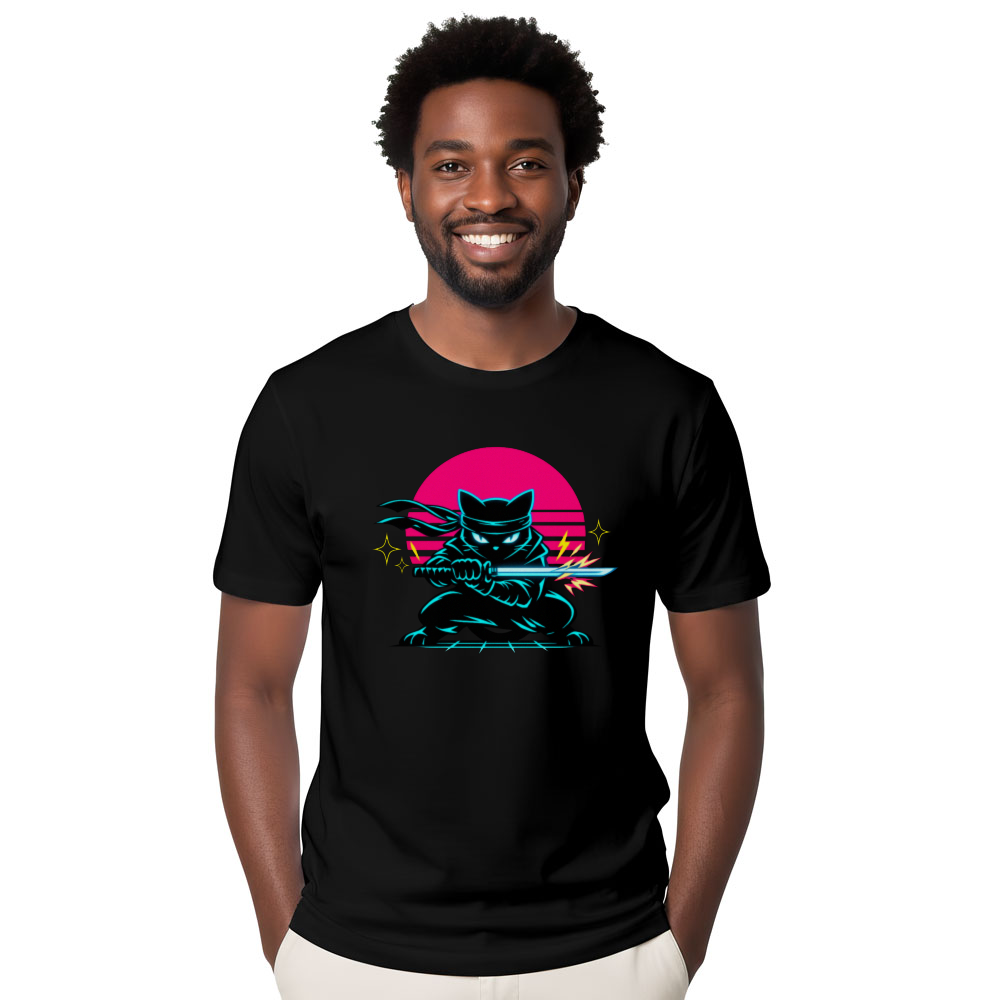 Neon Shinobi Ninja Cat T-Shirt Retro Synthwave Gifts for Men Women Boy Kids T-Shirt