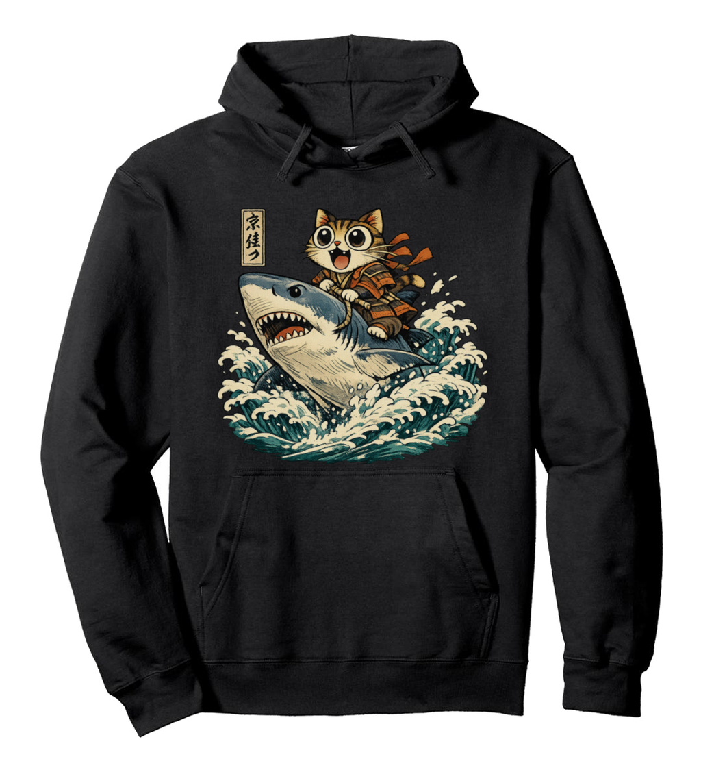 Ukiyo-e Wide-Eyed Cat Riding Shark Pull Over Hoodie Vintage Gifts for Men Women Boy Kids Pull Over Hoodie