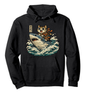 Ukiyo-e Wide-Eyed Cat Riding Shark Pull Over Hoodie Vintage Gifts for Men Women Boy Kids Pull Over Hoodie
