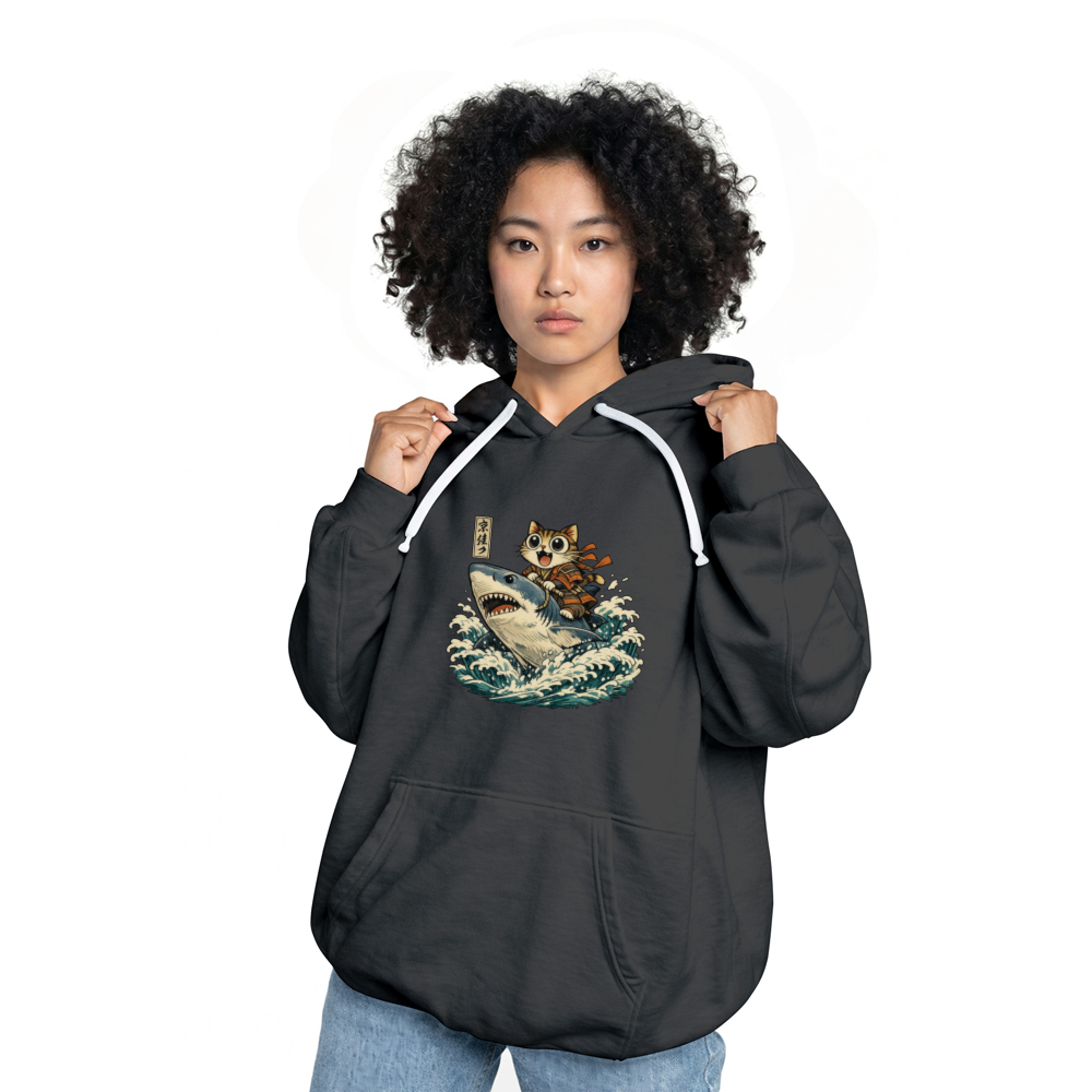 Ukiyo-e Wide-Eyed Cat Riding Shark Pull Over Hoodie Vintage Gifts for Men Women Boy Kids Pull Over Hoodie