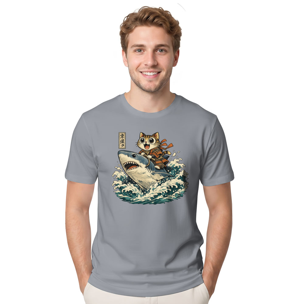 Ukiyo-e Wide-Eyed Cat Shark Rider T-Shirt Japanese Print Fans Adventurous Gifts for Men Women Boy Kids T-Shirt