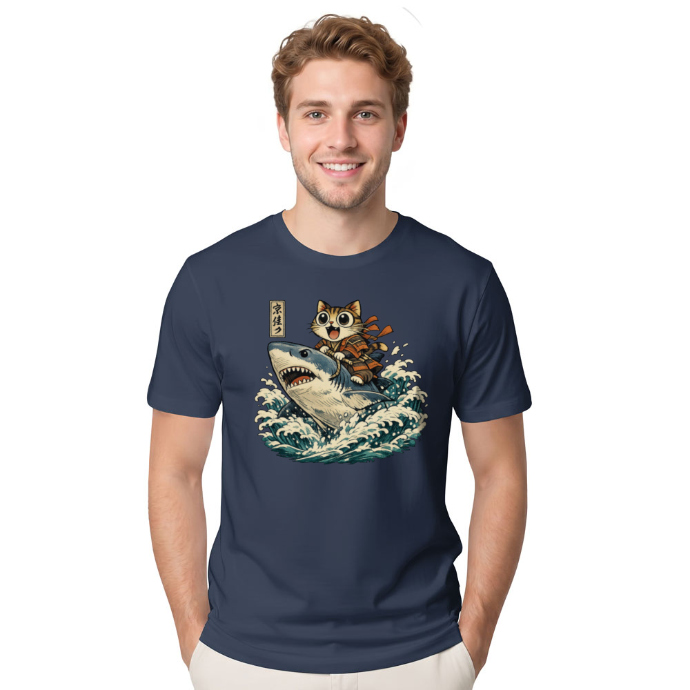 Ukiyo-e Wide-Eyed Cat Shark Rider T-Shirt Japanese Print Fans Adventurous Gifts for Men Women Boy Kids T-Shirt