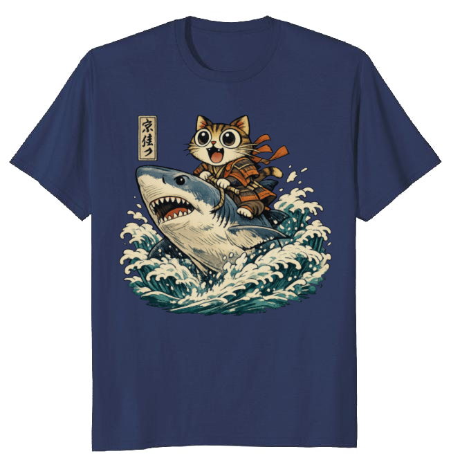 Ukiyo-e Wide-Eyed Cat Shark Rider T-Shirt Japanese Print Fans Adventurous Gifts for Men Women Boy Kids T-Shirt