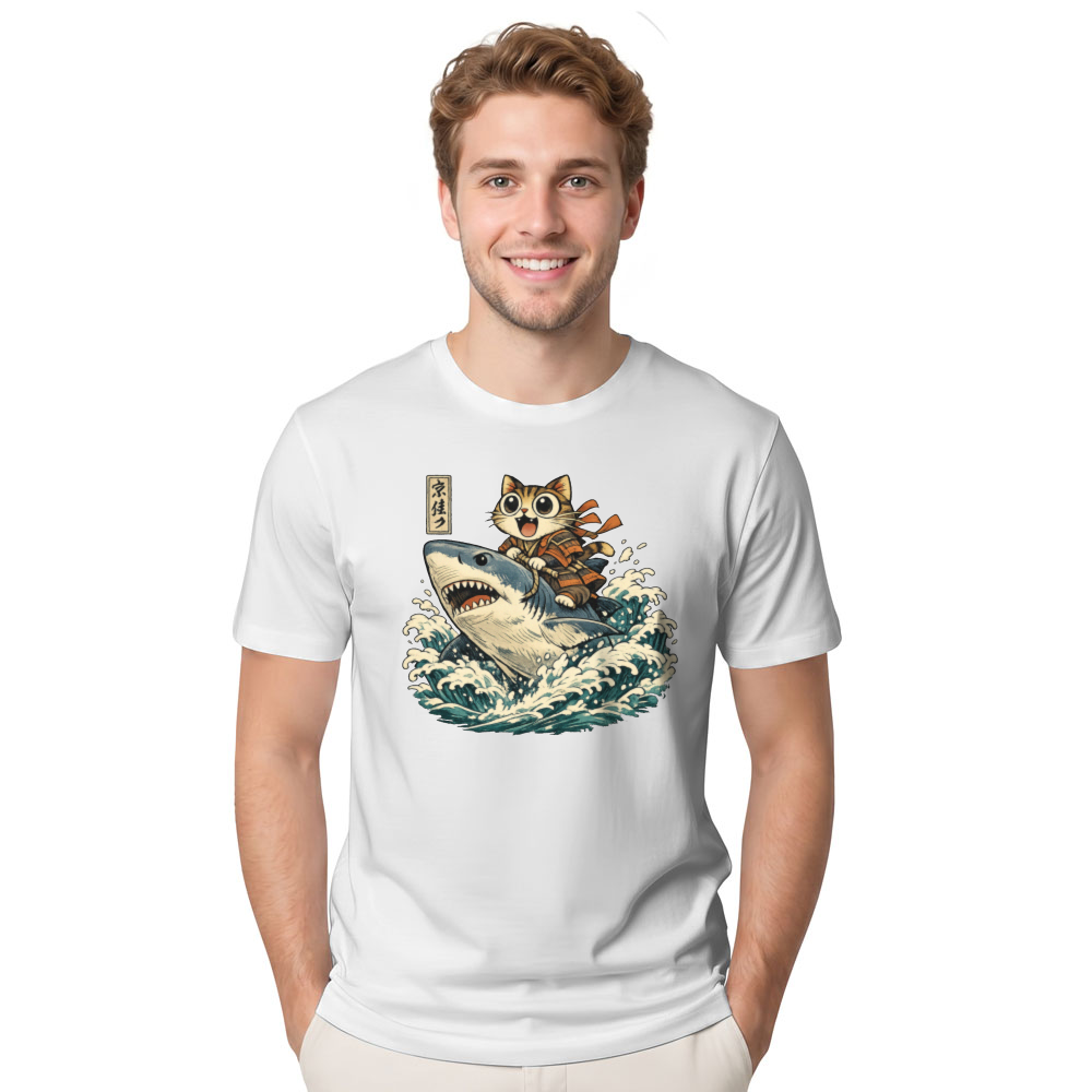 Ukiyo-e Wide-Eyed Cat Shark Rider T-Shirt Japanese Print Fans Adventurous Gifts for Men Women Boy Kids T-Shirt