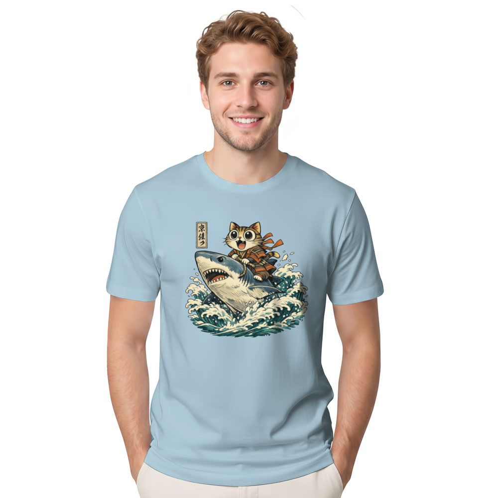 Ukiyo-e Wide-Eyed Cat Shark Rider T-Shirt Japanese Print Fans Adventurous Gifts for Men Women Boy Kids T-Shirt