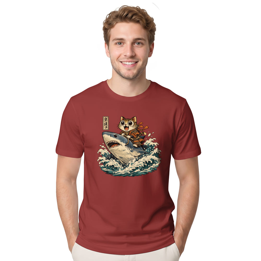 Ukiyo-e Wide-Eyed Cat Shark Rider T-Shirt Japanese Print Fans Adventurous Gifts for Men Women Boy Kids T-Shirt