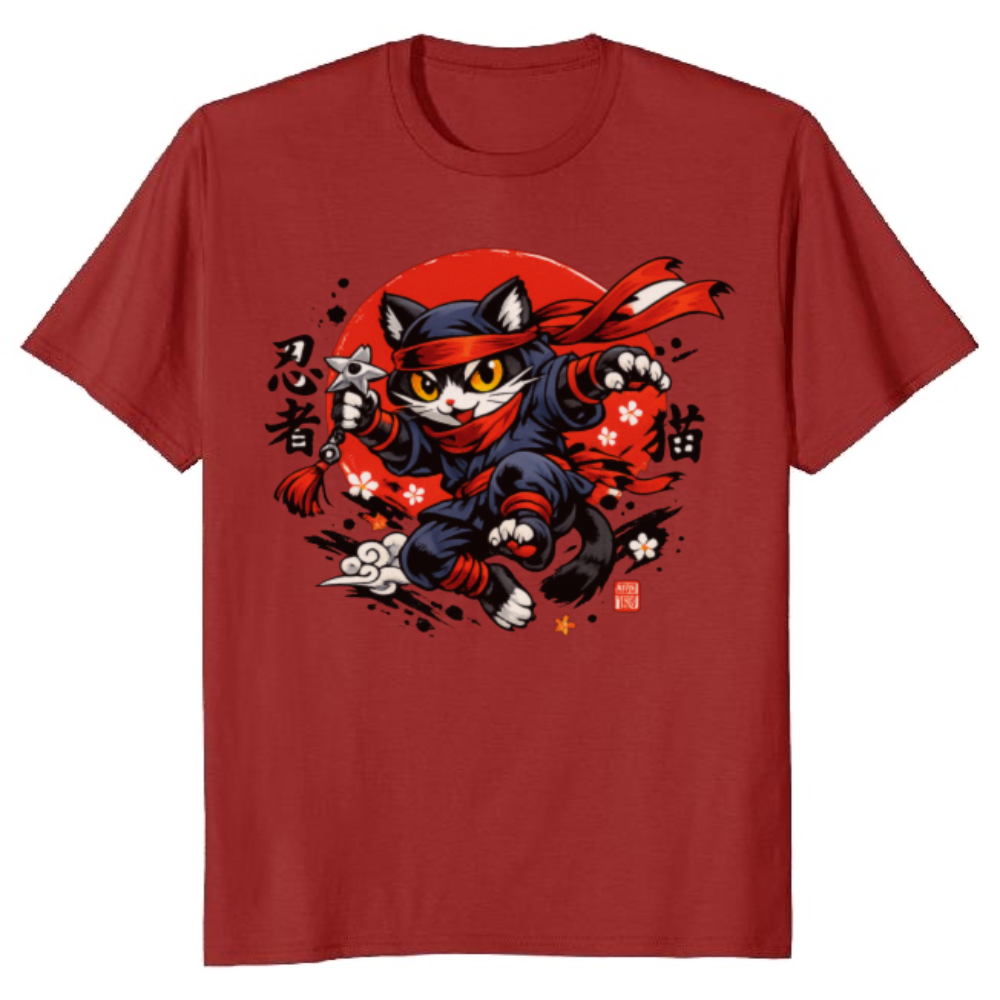 Neko Shinobi Ninja Cat Anime Ukiyo-e Streetwear Rising Sun Design Whimsical Gifts for Men Women Boy Kids T-Shirt