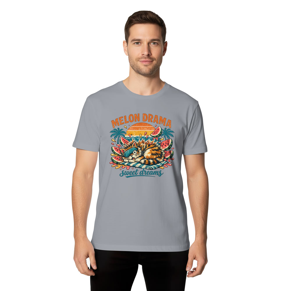 Melon Drama Retro Surf Cat Watermelon Explosion Teal Orange Pink Funny Gifts for Men Women Boy Kids T-Shirt