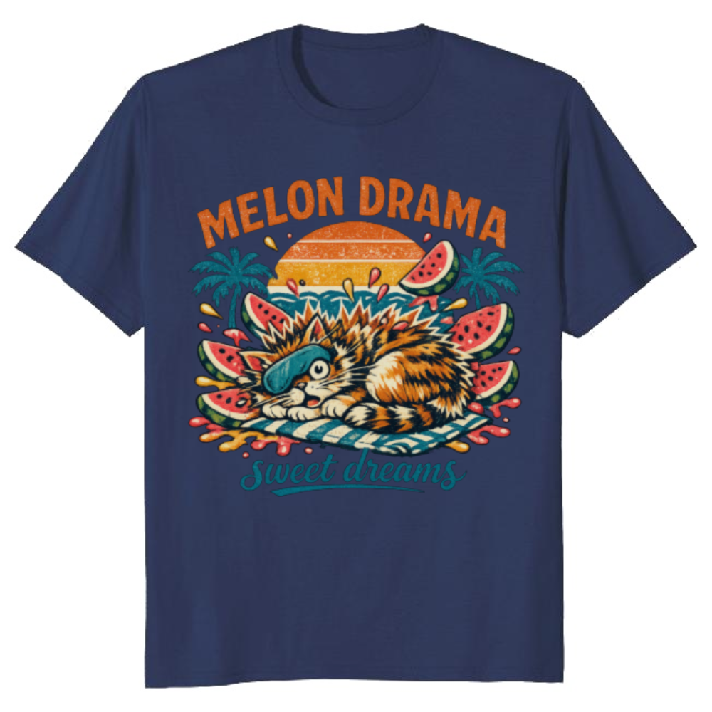 Melon Drama Retro Surf Cat Watermelon Explosion Teal Orange Pink Funny Gifts for Men Women Boy Kids T-Shirt