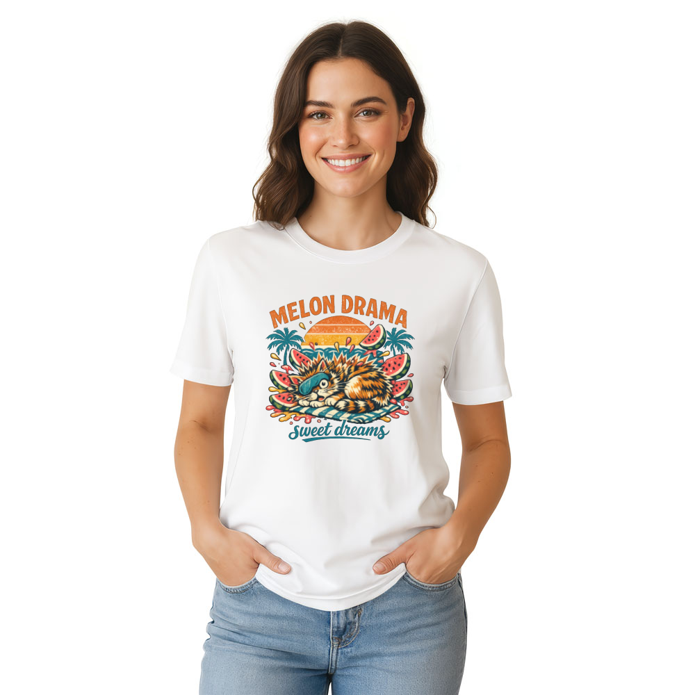 Melon Drama Retro Surf Cat Watermelon Explosion Teal Orange Pink Funny Gifts for Men Women Boy Kids T-Shirt