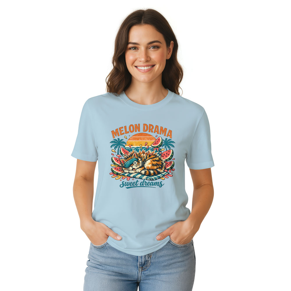 Melon Drama Retro Surf Cat Watermelon Explosion Teal Orange Pink Funny Gifts for Men Women Boy Kids T-Shirt