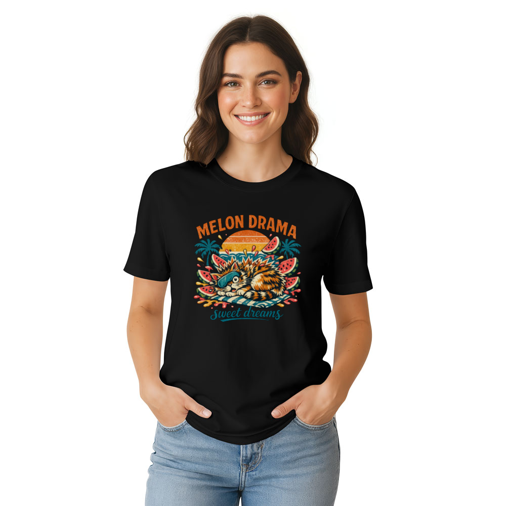 Melon Drama Retro Surf Cat Watermelon Explosion Teal Orange Pink Funny Gifts for Men Women Boy Kids T-Shirt