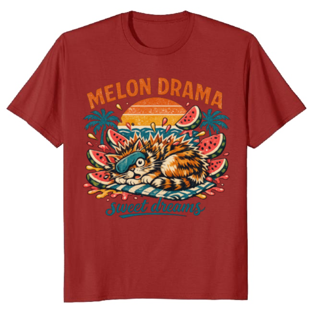 Melon Drama Retro Surf Cat Watermelon Explosion Teal Orange Pink Funny Gifts for Men Women Boy Kids T-Shirt