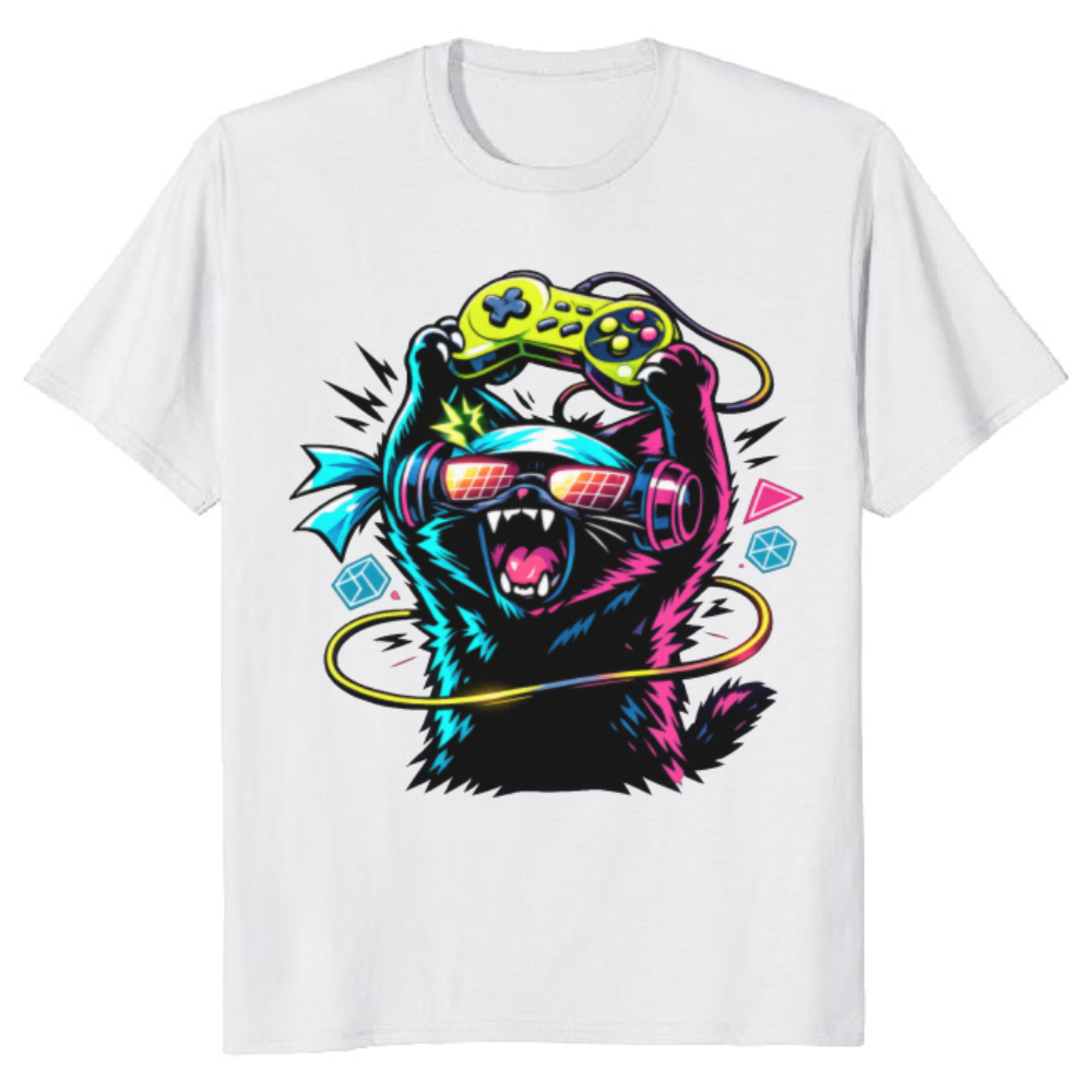 Rage Quit Neon Synthwave Otaku Cat Graphic Tee Funny Gifts for Men Women Boy Kids T-Shirt