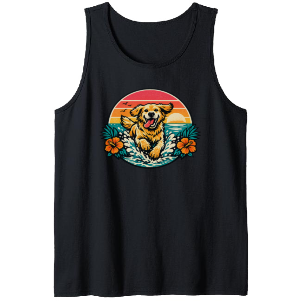 Retro Surf Golden Retriever Beach Tank Top Halftone Sunset Graphic Cute Gifts for Men Women Boy Kids Tank Top