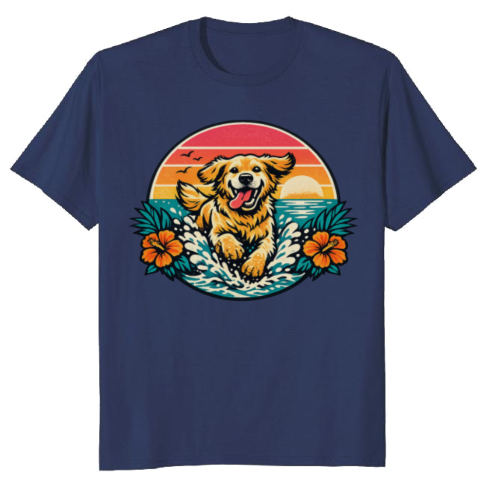 Retro Surf Golden Retriever Sunset Graphic Tee Cute Gifts for Men Women Boy Kids T-Shirt